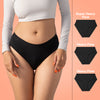 Woman wearing black period underwear, 3 pairs shown