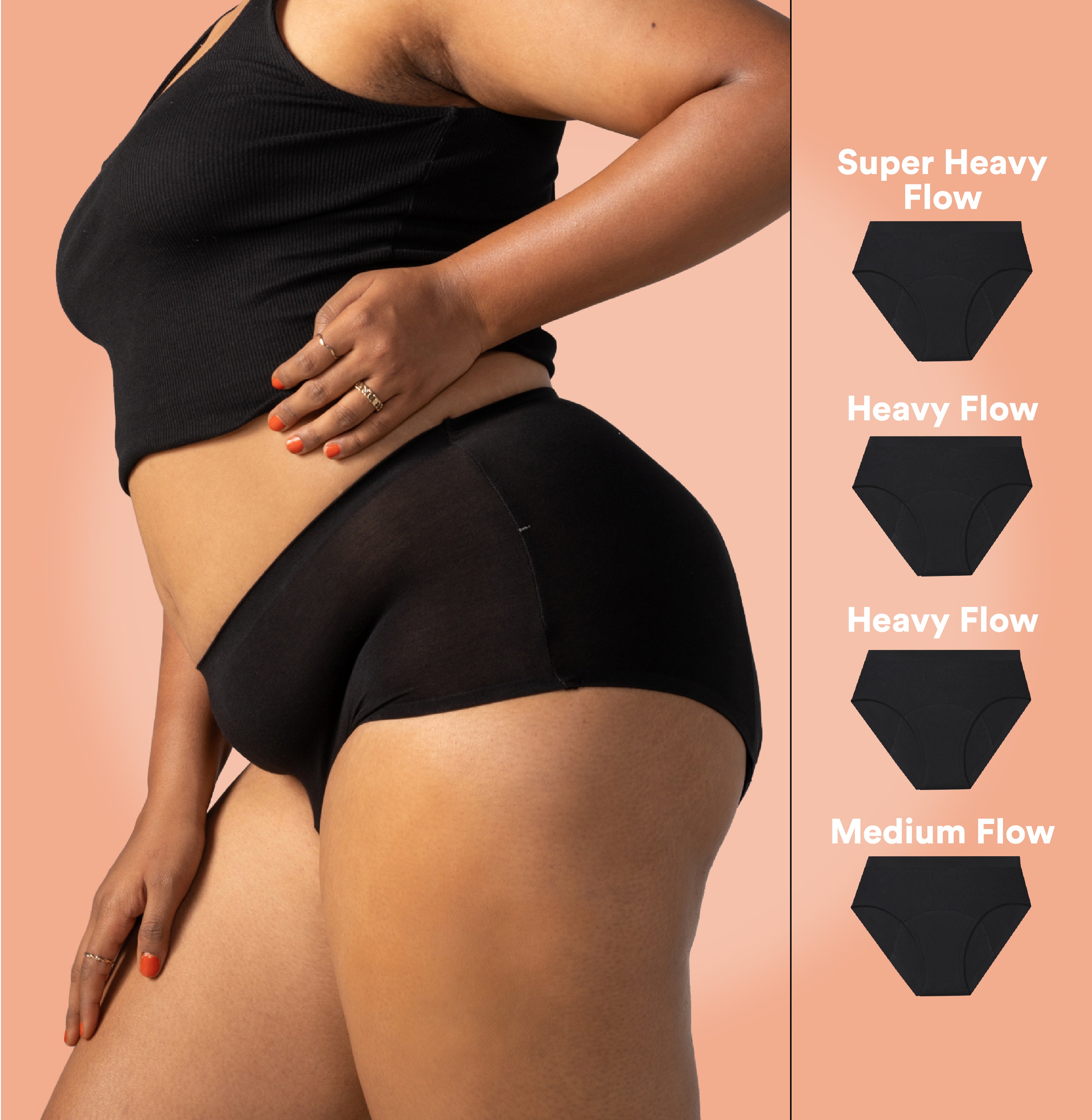 Woman in black period underwear, pack of 4 shown