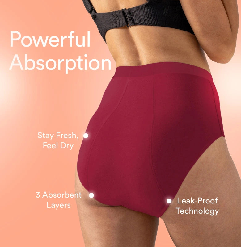 A woman’s lower back shows a maroon high-waisted period panty with labels highlighting its protection features and innovative design.