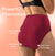 A woman’s lower back shows a maroon high-waisted period panty with labels highlighting its protection features and innovative design.
